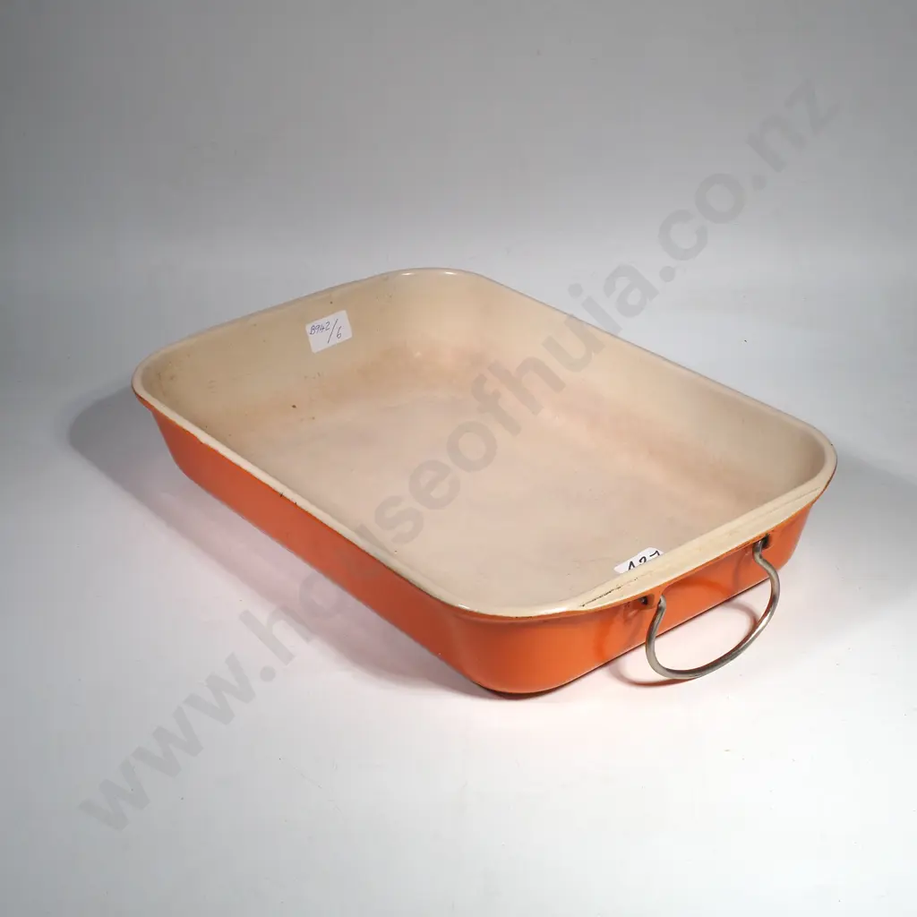 Vintage French Cast Iron Le Creuset Orange Roasting Pan - Missing one Handle Image 1++