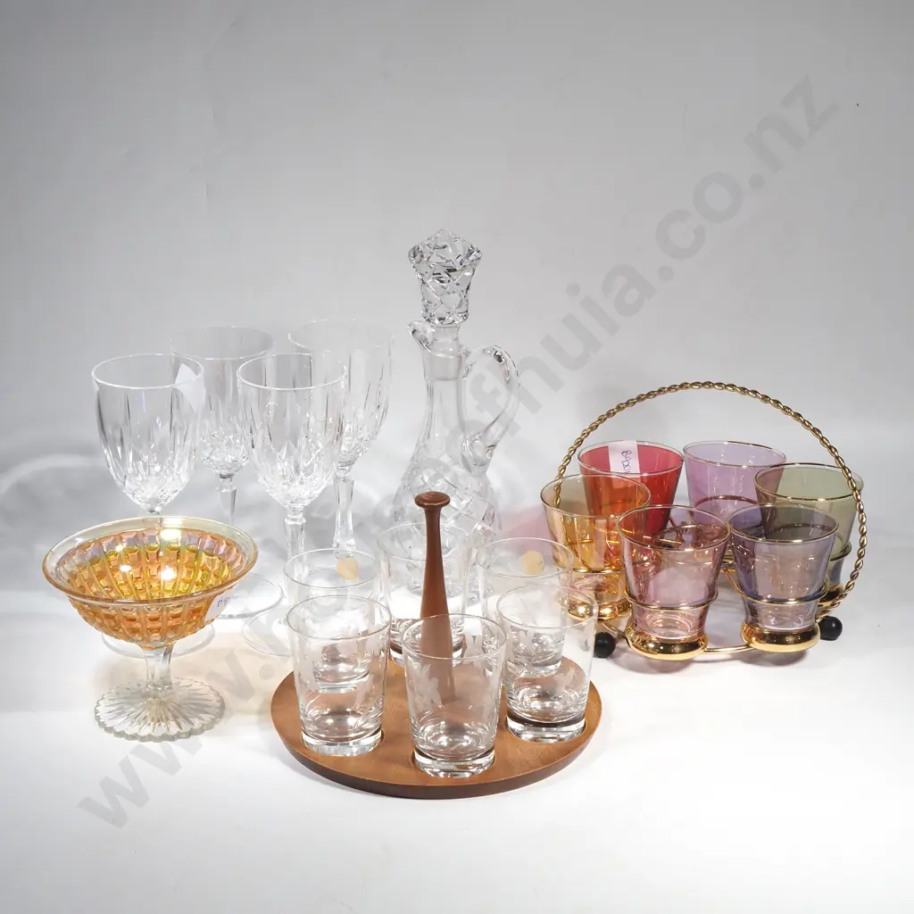 MCM Set of Six Etched glasses on a Wooden Serving Tray  & a  MCM Harlequin Set of Six Iridescent Glasses in a Holder Image 1++