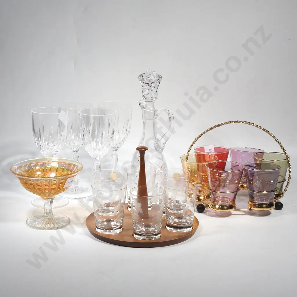 MCM Set of Six Etched glasses on a Wooden Serving Tray  & a  MCM Harlequin Set of Six Iridescent Glasses in a Holder Image 1++
