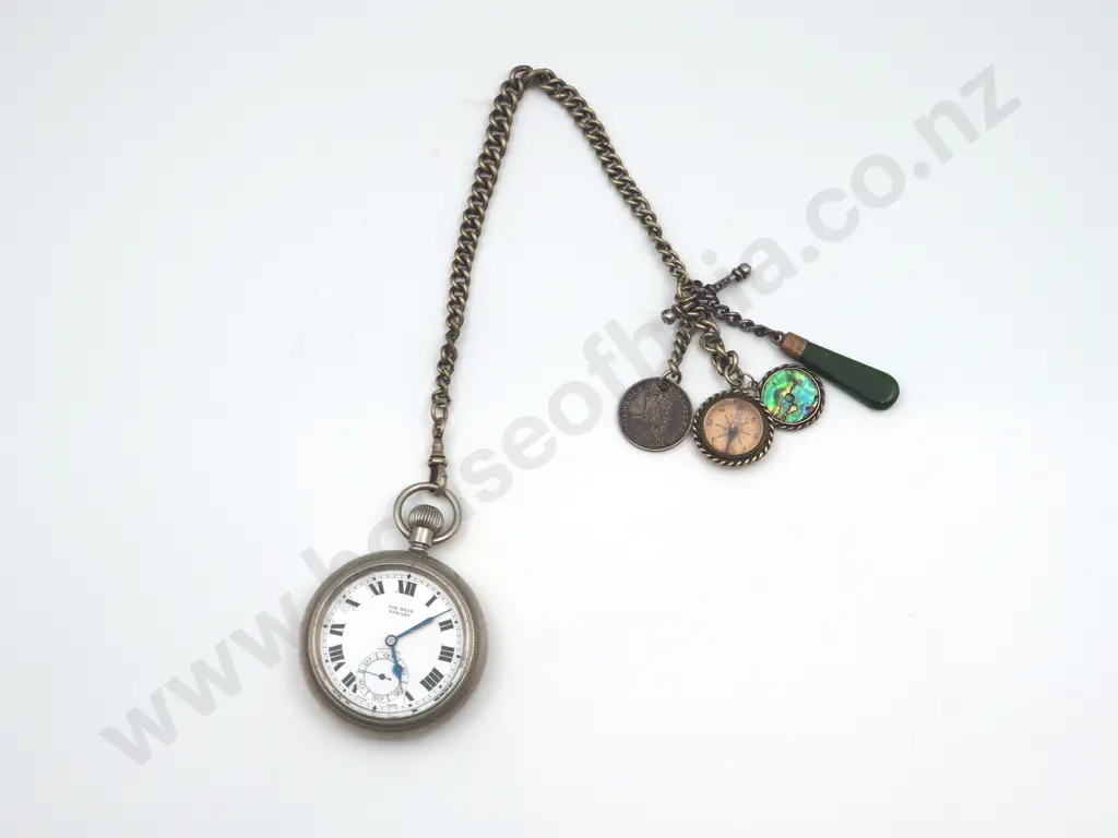 Swiss Pocket Watch retailed "Joe Reid, Oamaru" on Fob Chain with Silver Shilling, Greenstone Fob, Compass and Paua Shell Image 1++