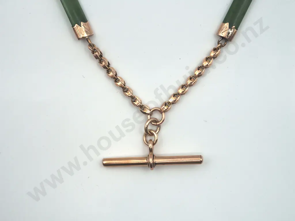 Fob Chain in Transluscent Greenstone & 9ct Gold. Image 1++
