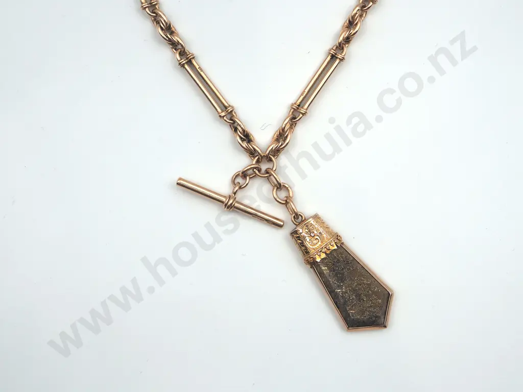 A Noteworthy New Zealand Antique Hand Made 15ct Gold Fob Chain w Large NZ Gold Bearing Quartz Pendant Image 1++