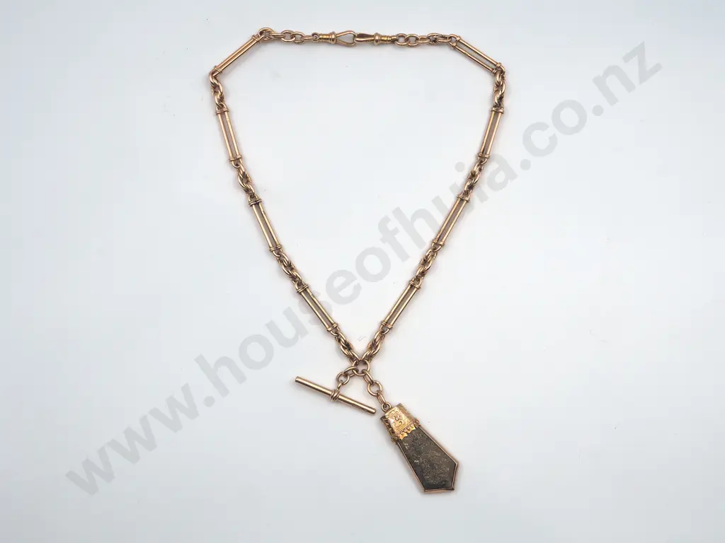 A Noteworthy New Zealand Antique Hand Made 15ct Gold Fob Chain w Large NZ Gold Bearing Quartz Pendant Image 1++