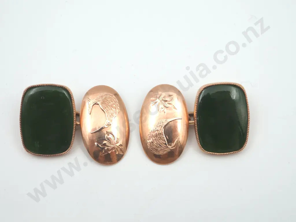 Greenstone Kiwi 9ct Gold Cufflinks 1950's Image 1++