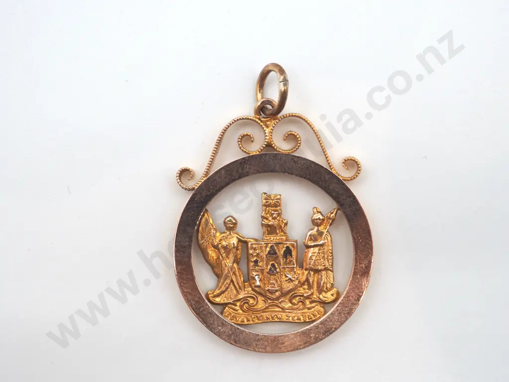 New Zealand Coat of Arms in 9ct Rose Gold w Gilding Pendant "Fun for the civil servant in your life" Image 1++