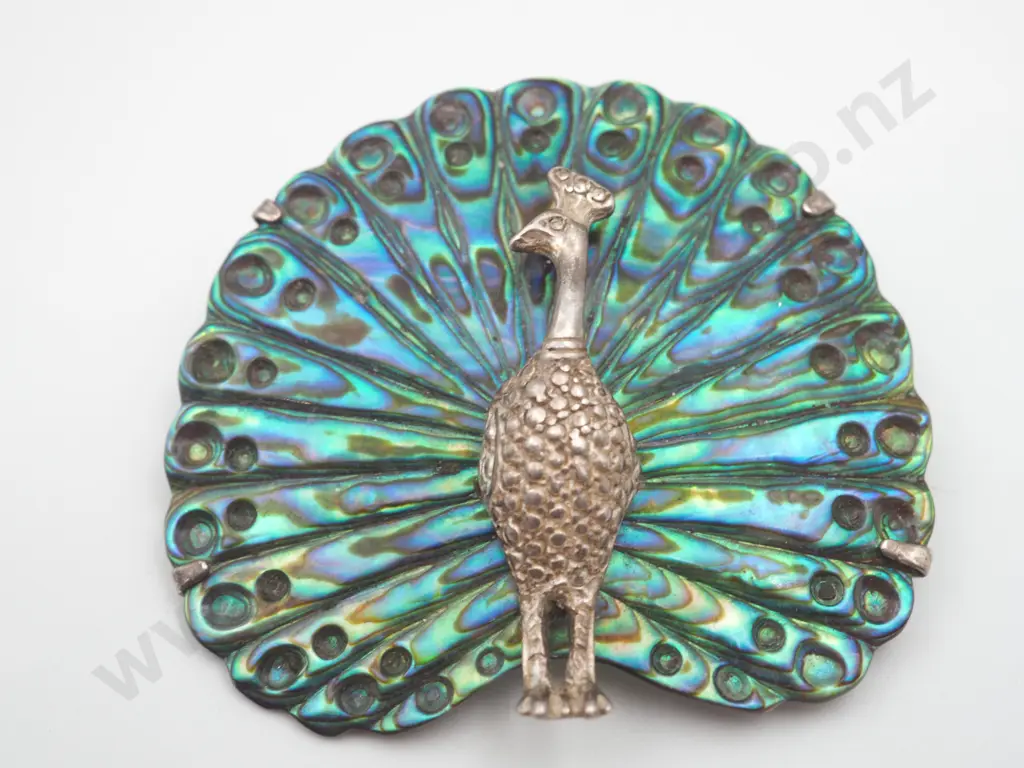 Paua Shell & Sterling Silver Peacock Brooch Image 1++