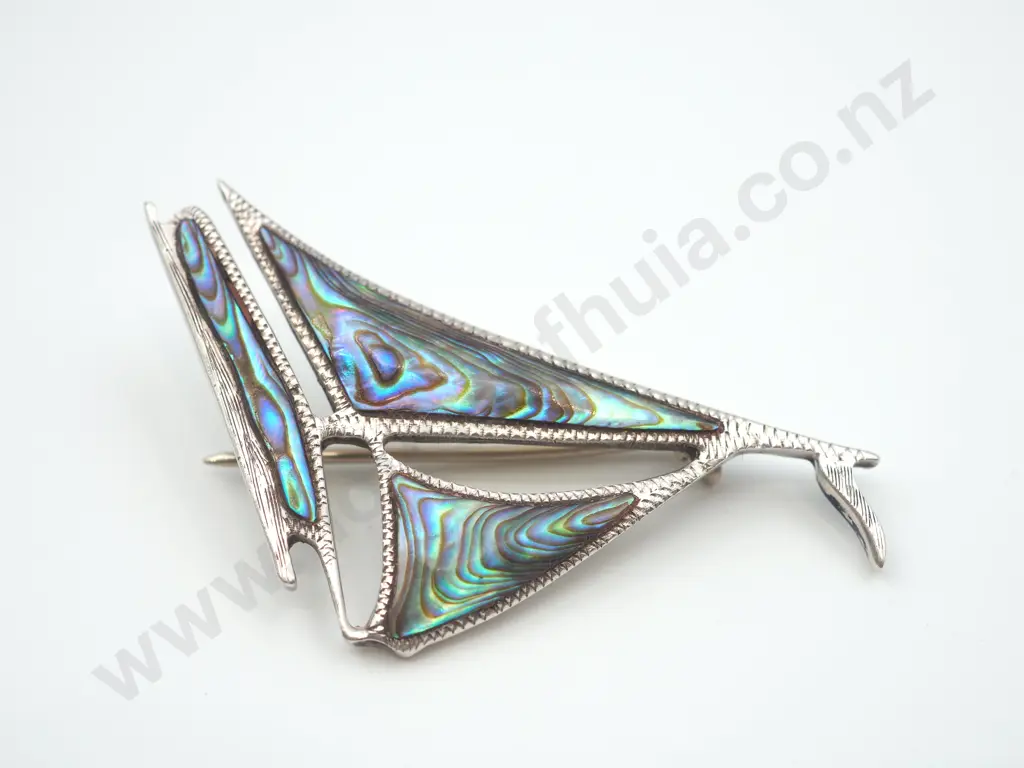 Vintage Paua Shell & Sterling Silver Yacht Brooch Image 1++