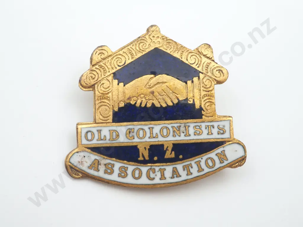 Vintage gilt metal and enamel Old Colonists N.Z. Association badge Image 1++