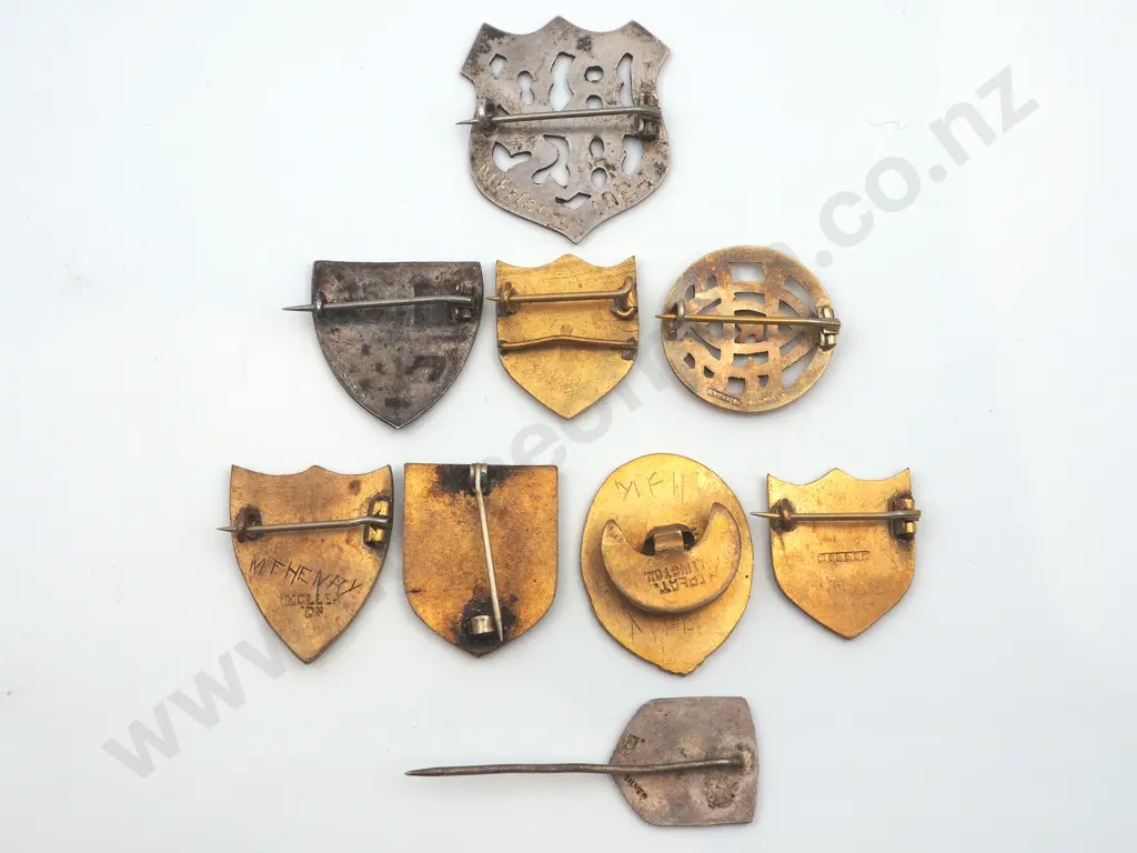 9 x different New Zealand antique and vintage metal school and college badges and pins Image 1++