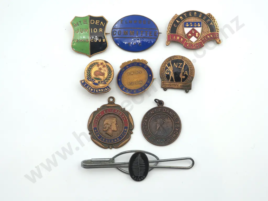 9 x different vintage metal New Zealand badges, clips and pins. Image 1++