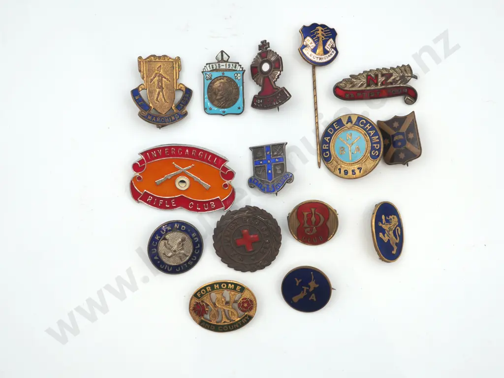15 x different vintage metal and enamel pins and badges, all by New Zealand makers. Image 1++