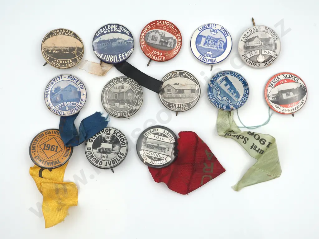 13 x different tin badges commemorating New Zealand schools Jubilees, Centennials or          Anniversaries Image 1++