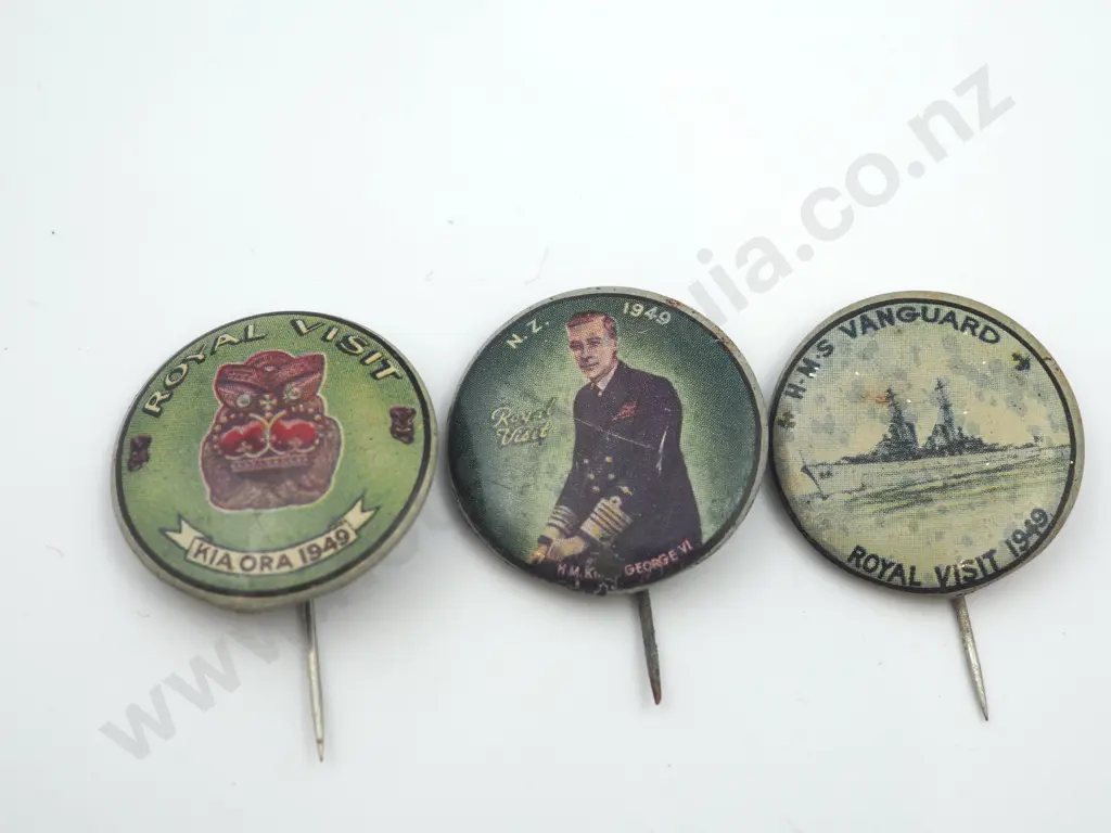 3 x tin badges produced for the proposed visit of King George VI to New Zealand in 1949  Image 1++