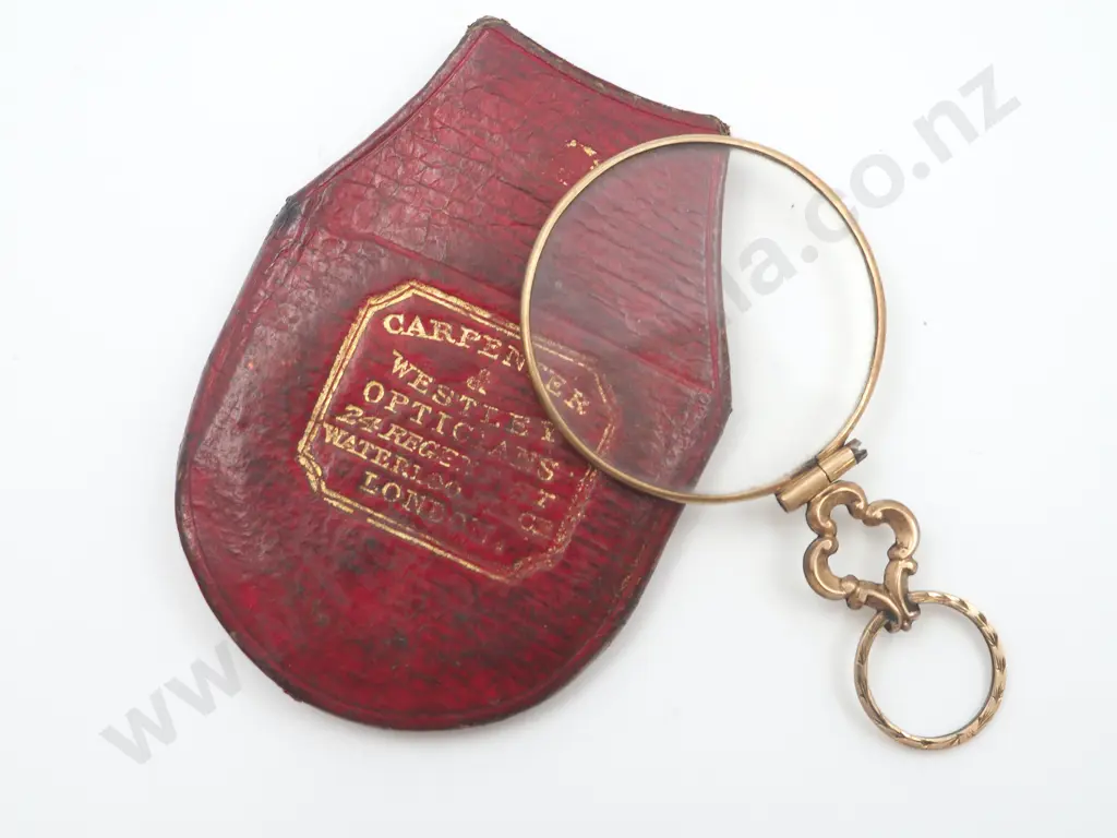Antique Gold Quizzing Glass in Original Marked Red Leather Case (Untested) Image 1++