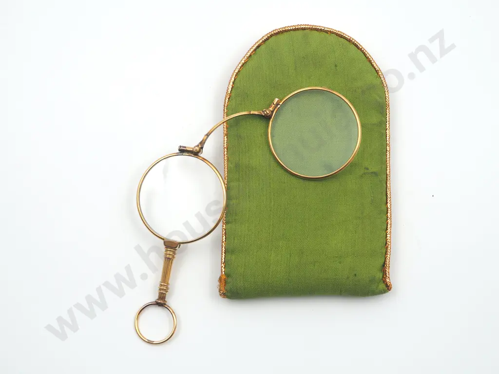 Antique Rolled Gold Lorgnette w Soft Green Pouch Image 1++