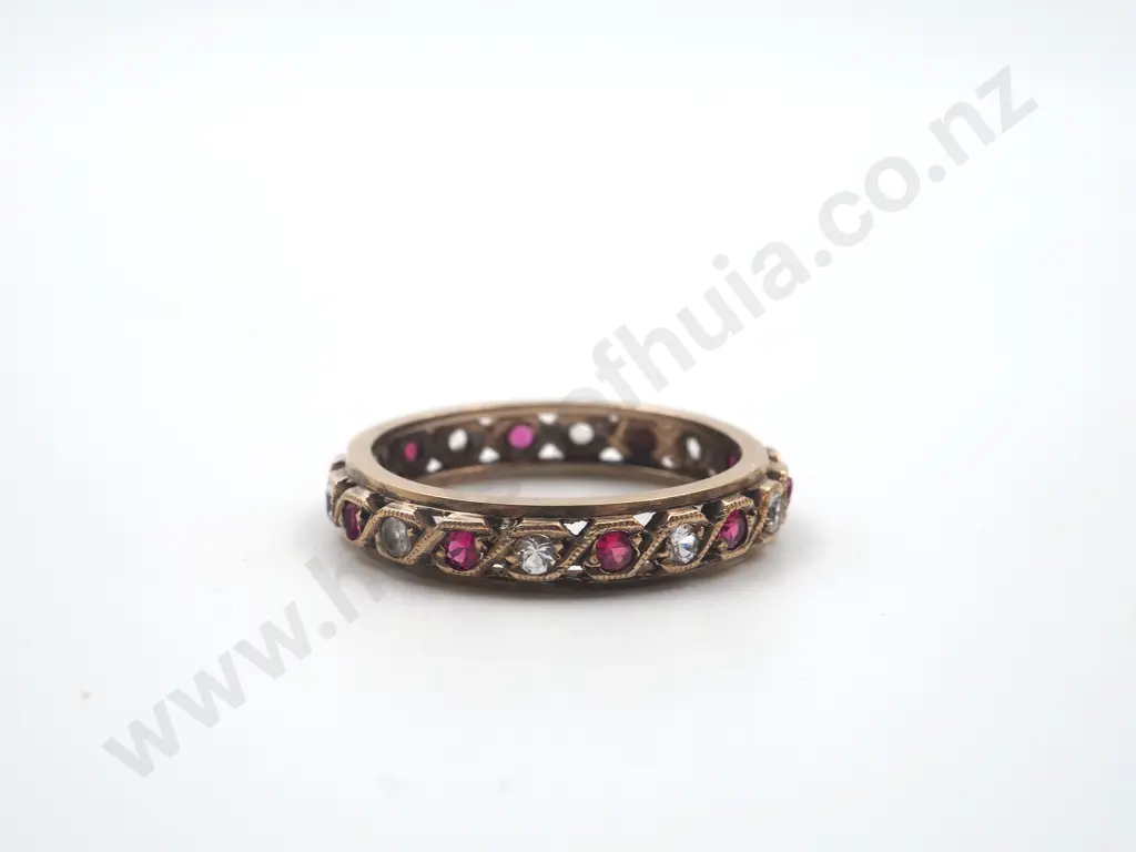 Vintage 9ct Gold Eternity Ring w Red & White Gems Image 1++