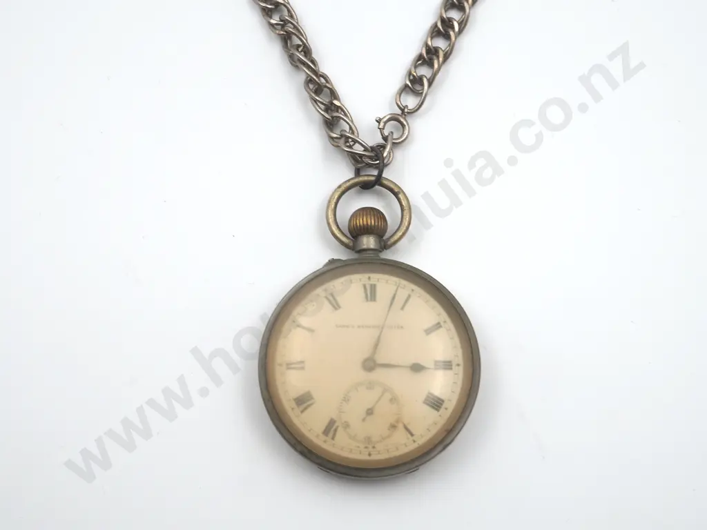 Nickel Pocket Watch & Chain "Lanes Rangiora Lever" Image 1++