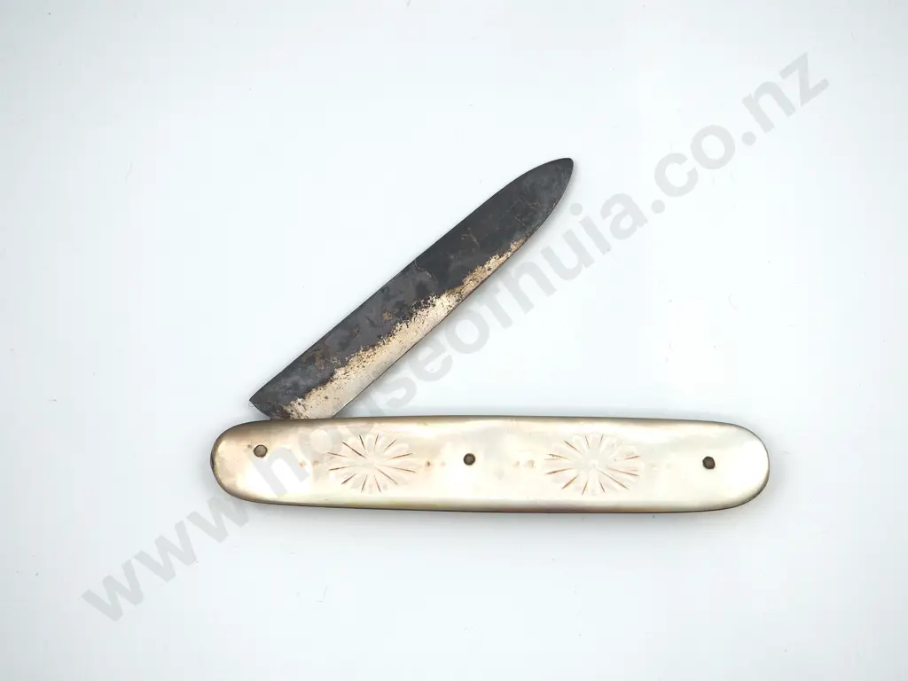 Antique Pocket Knife w Carved Mother of Pearl Handle Image 1++