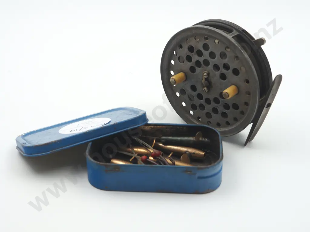 Fly Fishing "Eureka" Reel by Hardie Bros, Alnwick & Tin of Lures Image 1++