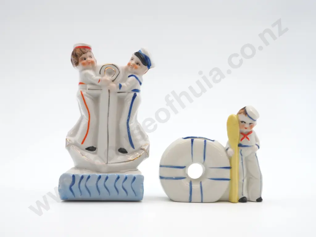 Pair of Occupied Japan Ceramic Figurines Tooth Brush Holders: Nautical Theme Image 1++
