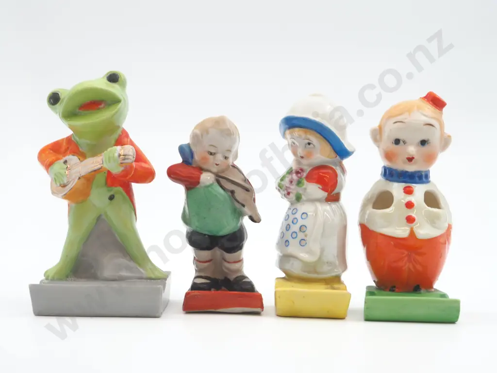 Four Occupied Japan Ceramic Figurines Tooth Brush Holders: Frog, Child, Girl, Child w Fiddle Image 1++