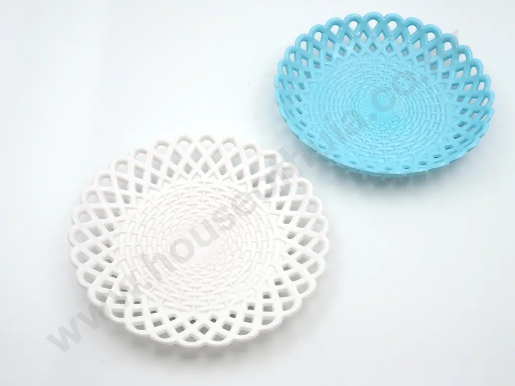 Two Basket Weave Sowerby Glass Plates - One White & One Blue Image 1++