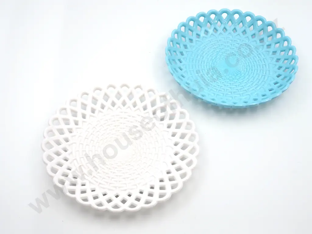 Two Basket Weave Sowerby Glass Plates - One White & One Blue Image 1++