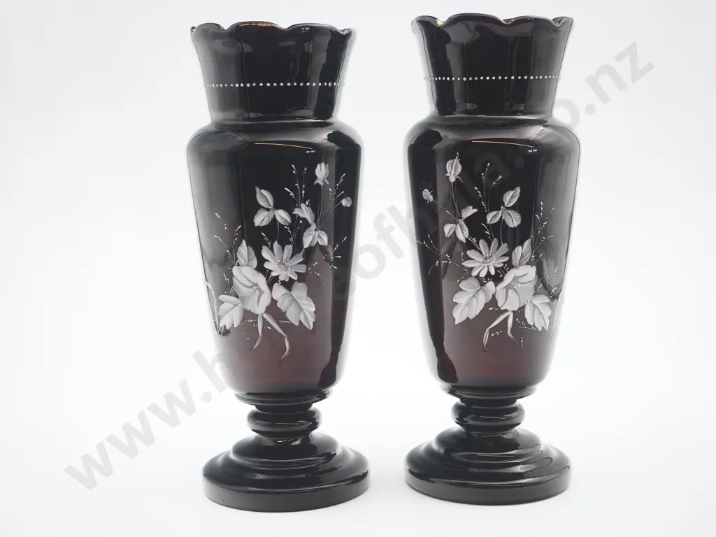 Pair of Deep Rich Brown Vases w Hand Painted Flowers & Gilt Accents Image 1++