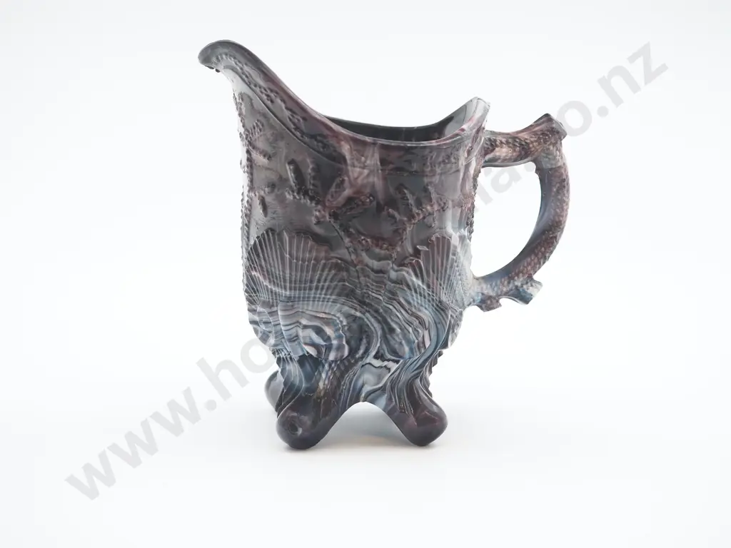 Marbled Glass Milk Jug, likely Sowerby, with Deep Embossing of Shells & Coral Motifs & Fancy Basketweave Plate Image 1++