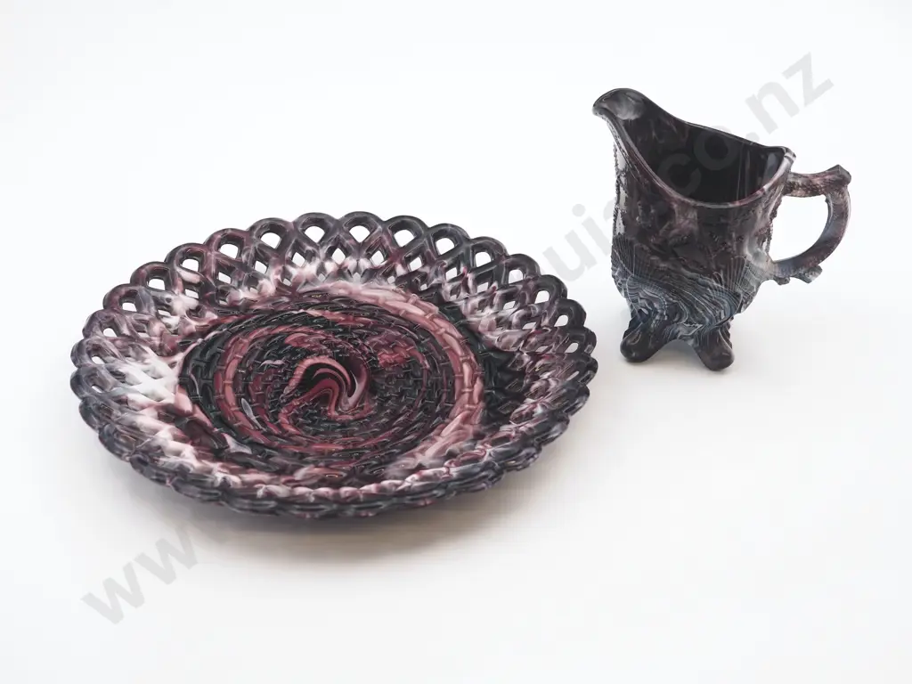 Marbled Glass Milk Jug, likely Sowerby, with Deep Embossing of Shells & Coral Motifs & Fancy Basketweave Plate Image 1++