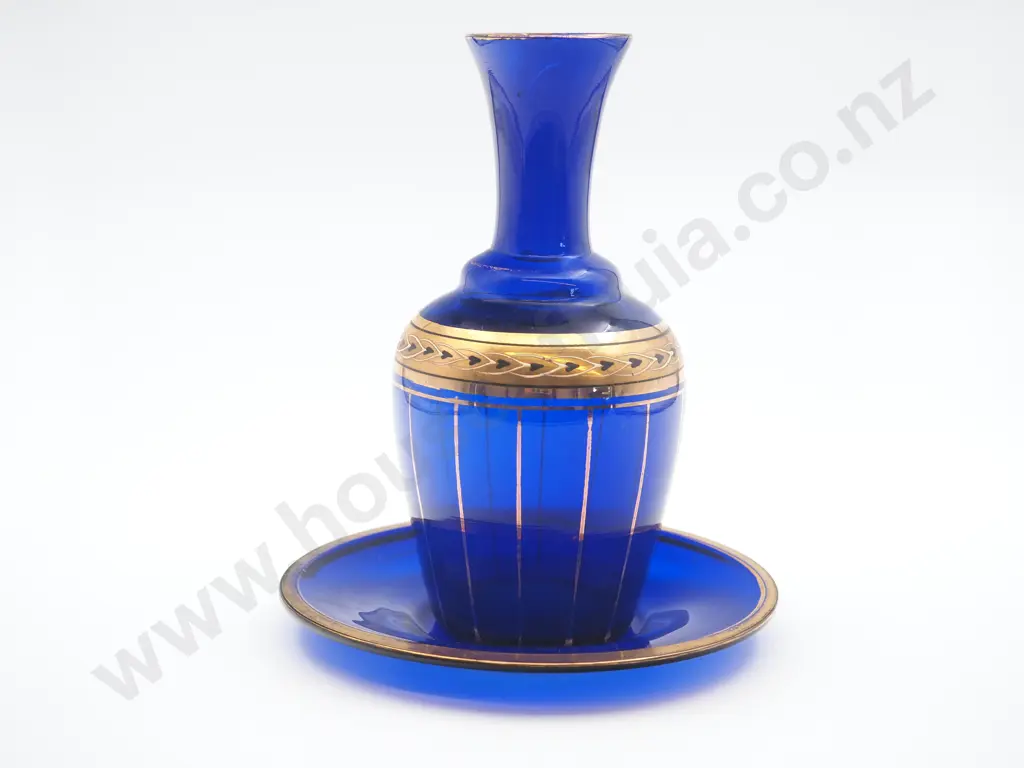 Ultramarine Blue Glass Carafe & Saucer with Extensive Gilding Image 1++