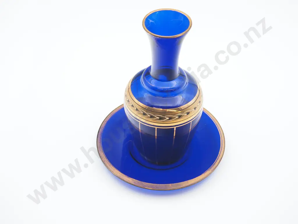Ultramarine Blue Glass Carafe & Saucer with Extensive Gilding Image 1++