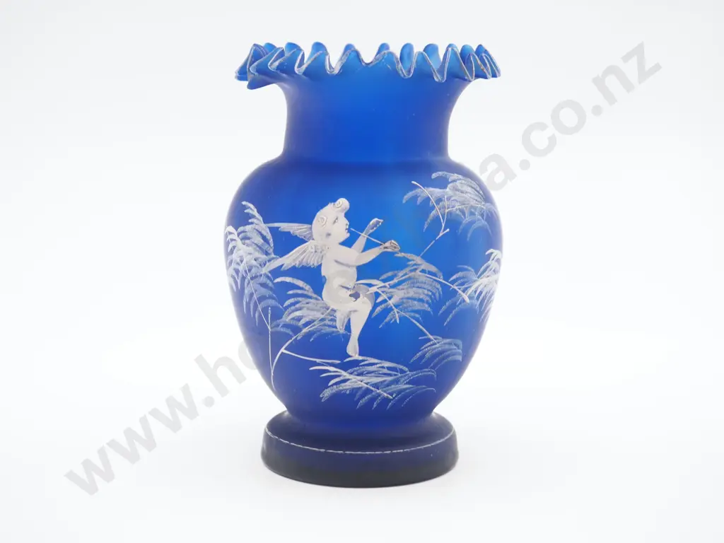 Vintage Mary Gregory Style Cobalt Blue Glass Vase w Hand Enamelled Decoration of Flute Playing Cherub Image 1++