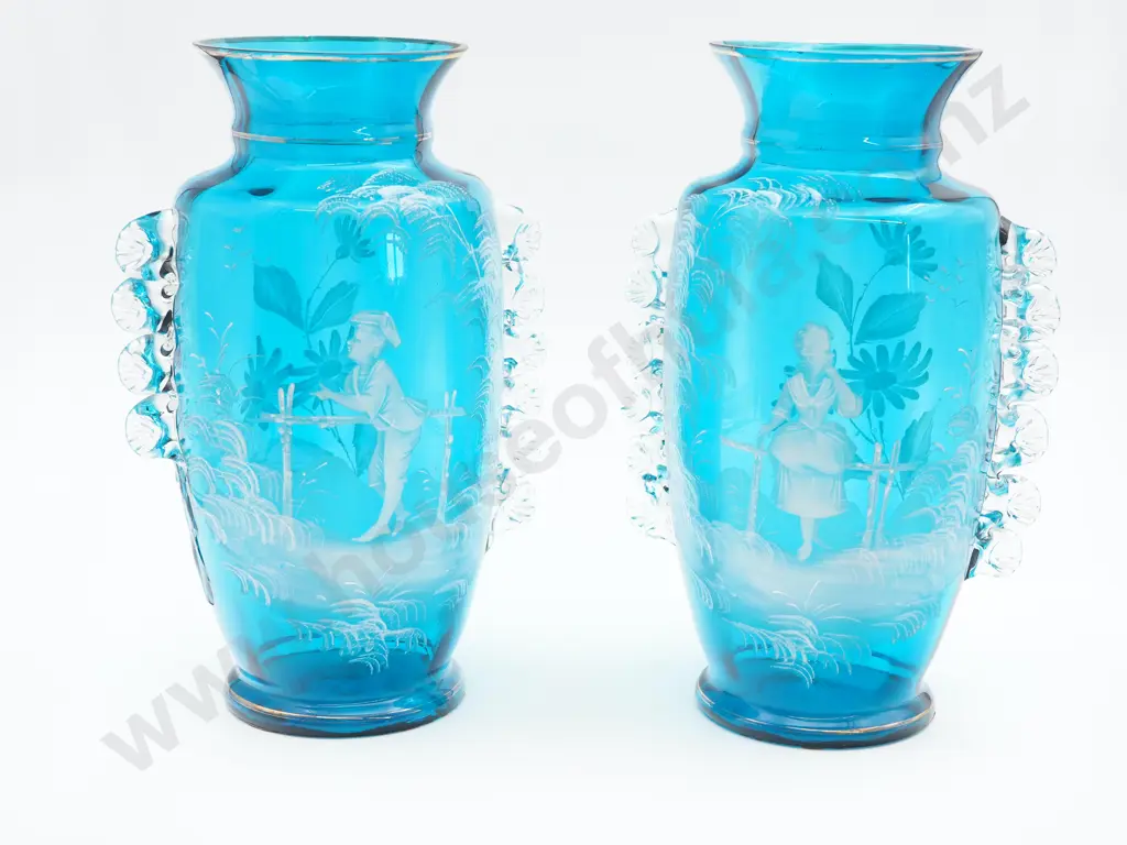 Pair of Large Bohemian Mary Gregory Style Turquoise Glass Vases w Enamelled Courting Countryside Couple; One handle A/F Image 1++