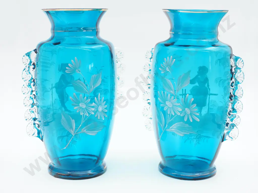 Pair of Large Bohemian Mary Gregory Style Turquoise Glass Vases w Enamelled Courting Countryside Couple; One handle A/F Image 1++