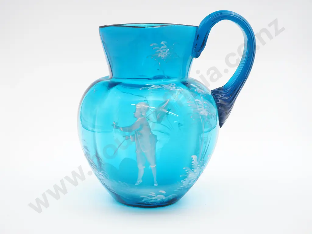 Bohemian Mary Gregory Style Turquoise Blue Glass Water Jug w Enamelled Decoration of Boy Chasing Butterflies Image 1++
