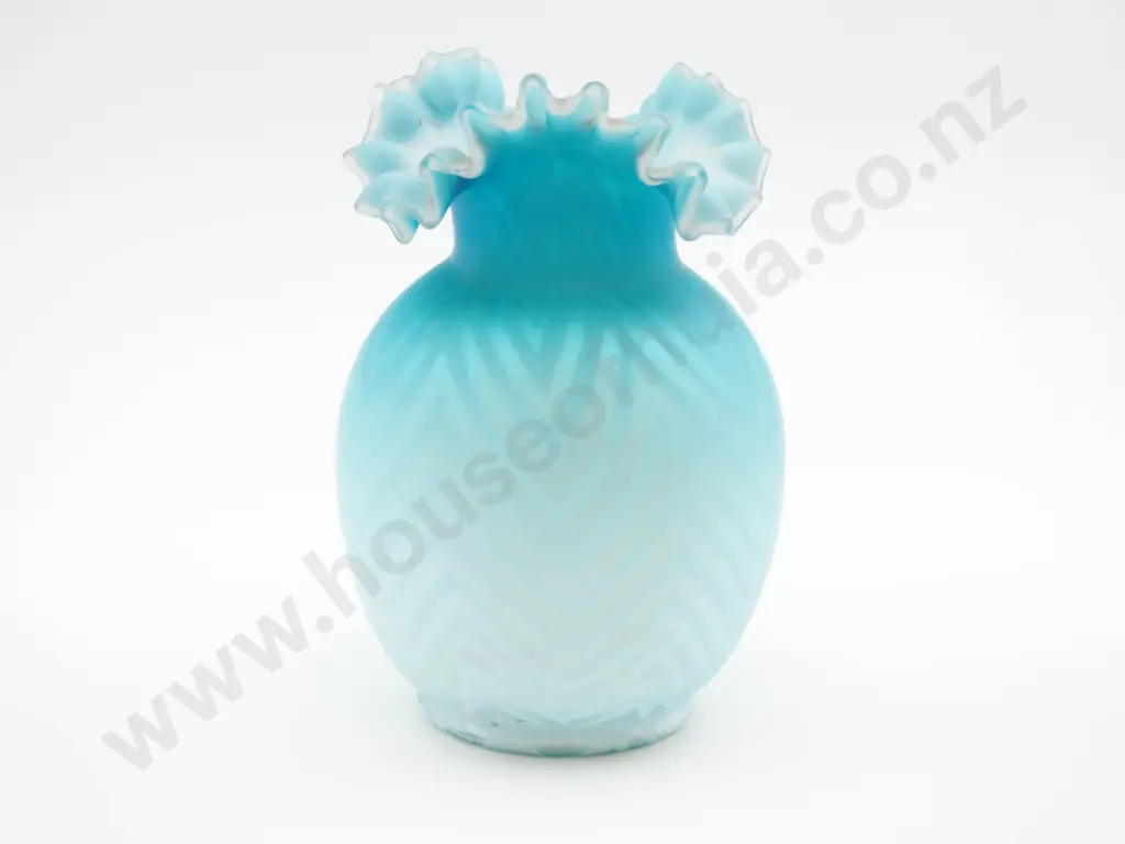 Opalescent Turquoise Glass Vase w Elaborate Frilly Top Image 1++