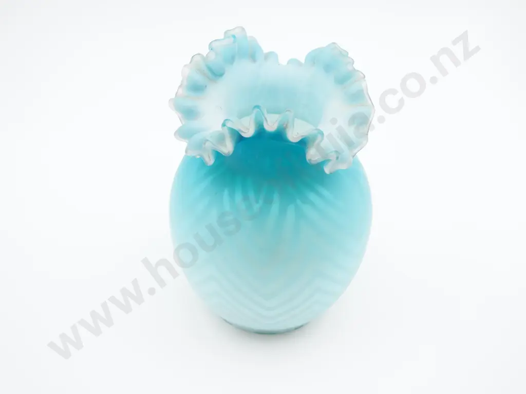 Opalescent Turquoise Glass Vase w Elaborate Frilly Top Image 1++