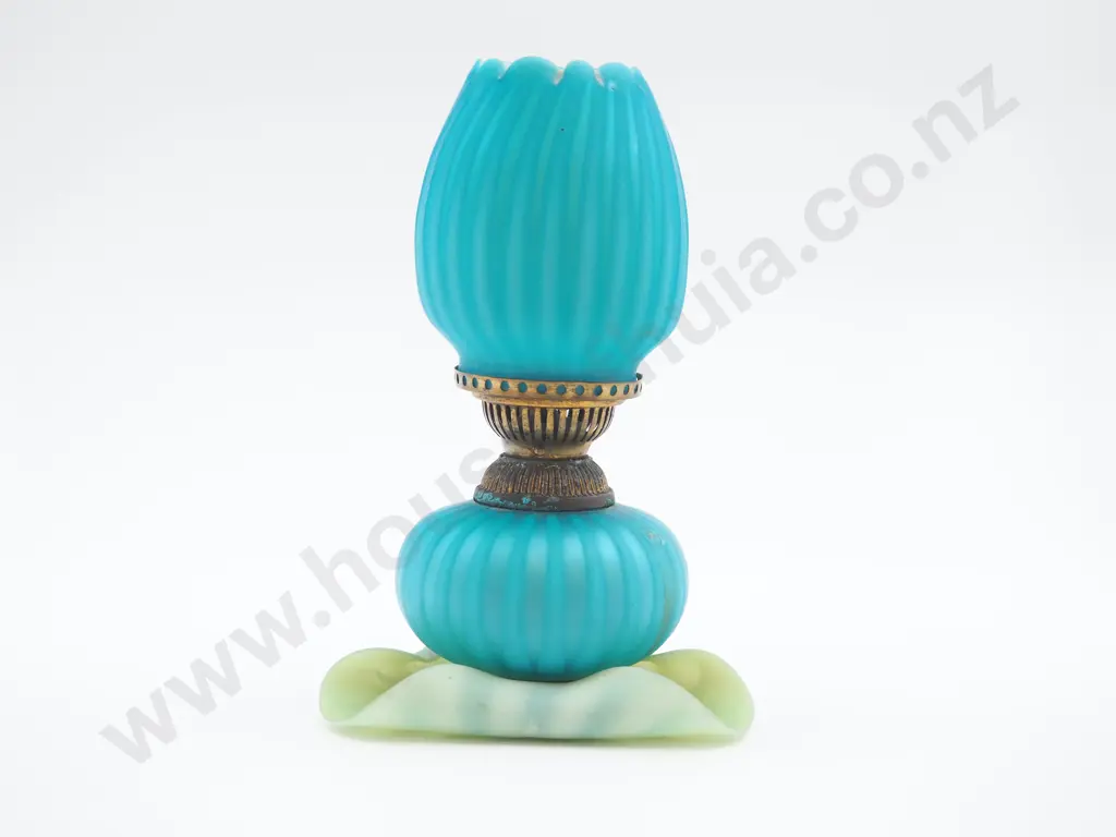 Opaque Turquoise Glass Kerosine Lamp on Pale Green Lily Pad Image 1++