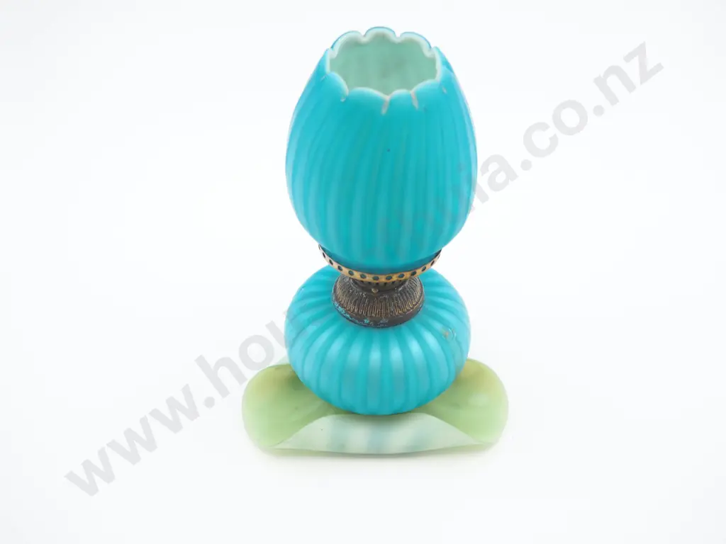 Opaque Turquoise Glass Kerosine Lamp on Pale Green Lily Pad Image 1++