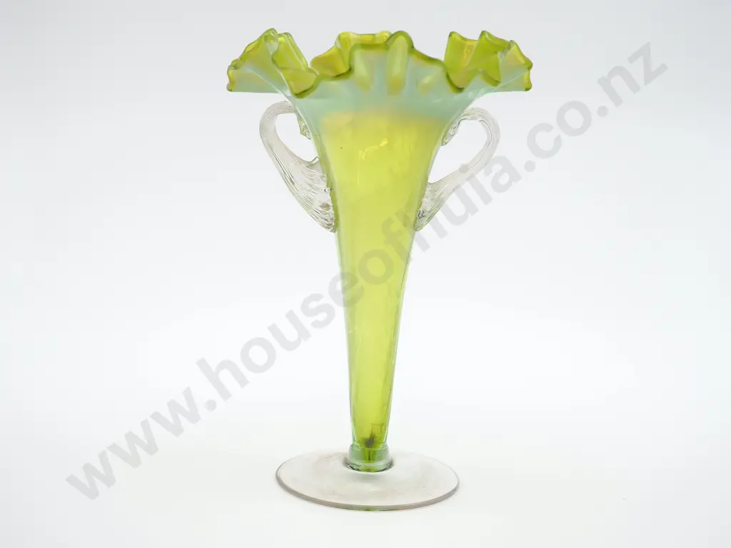 Iridescent Citrus Green Fancy Fluted Vase w Handles Image 1++