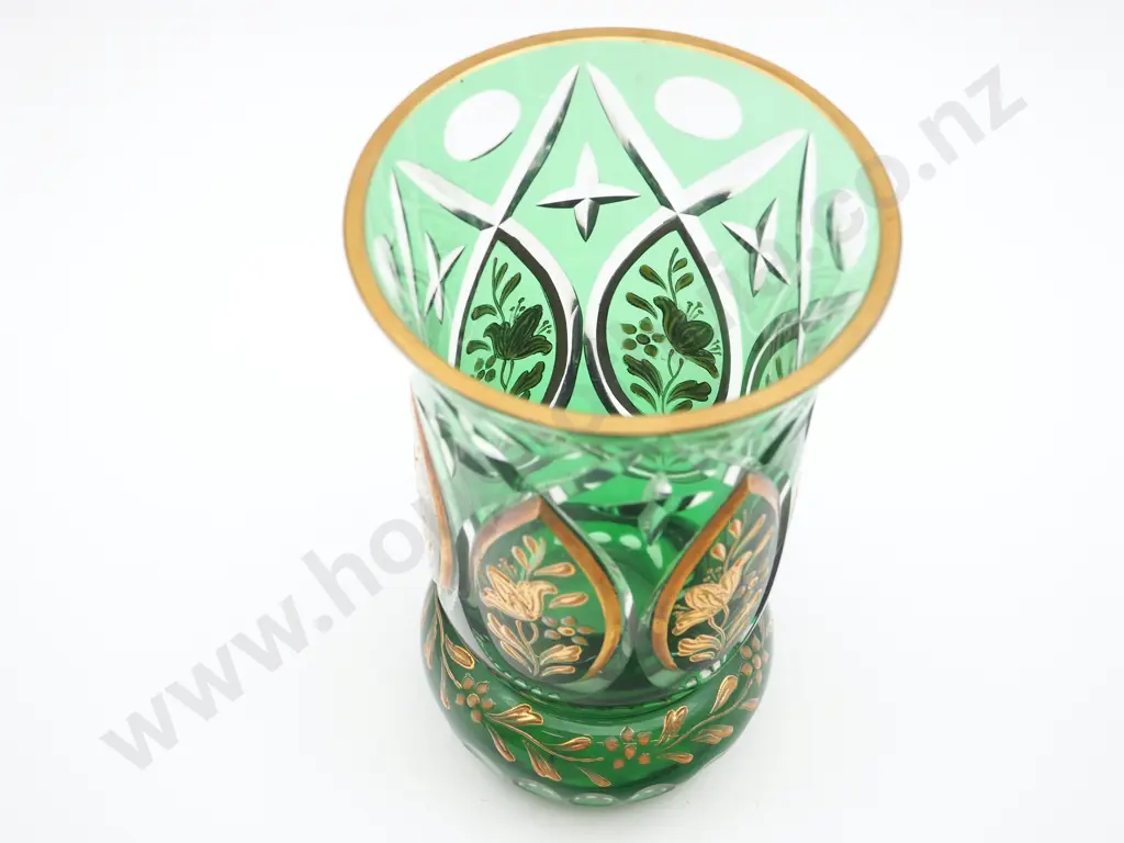 Heavy Lead Crystal Emerald Green Vase w Gilded Floral Decoration Image 1++