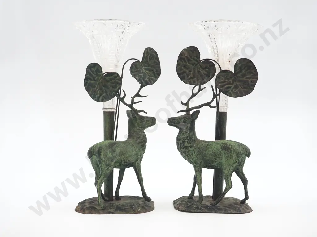 Pair of Rampant Deer Themed Fancy Glass Flower Vases Image 1++