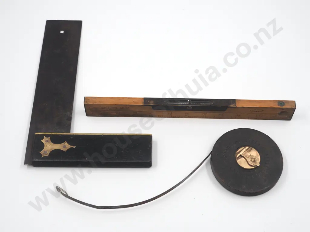 Antique Measuring Tape, Spirit Level & Machinist Square Image 1++