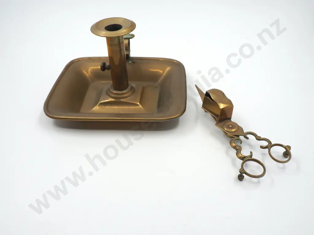 Antique Brass Candle Holder & Wick Trimmer Image 1++