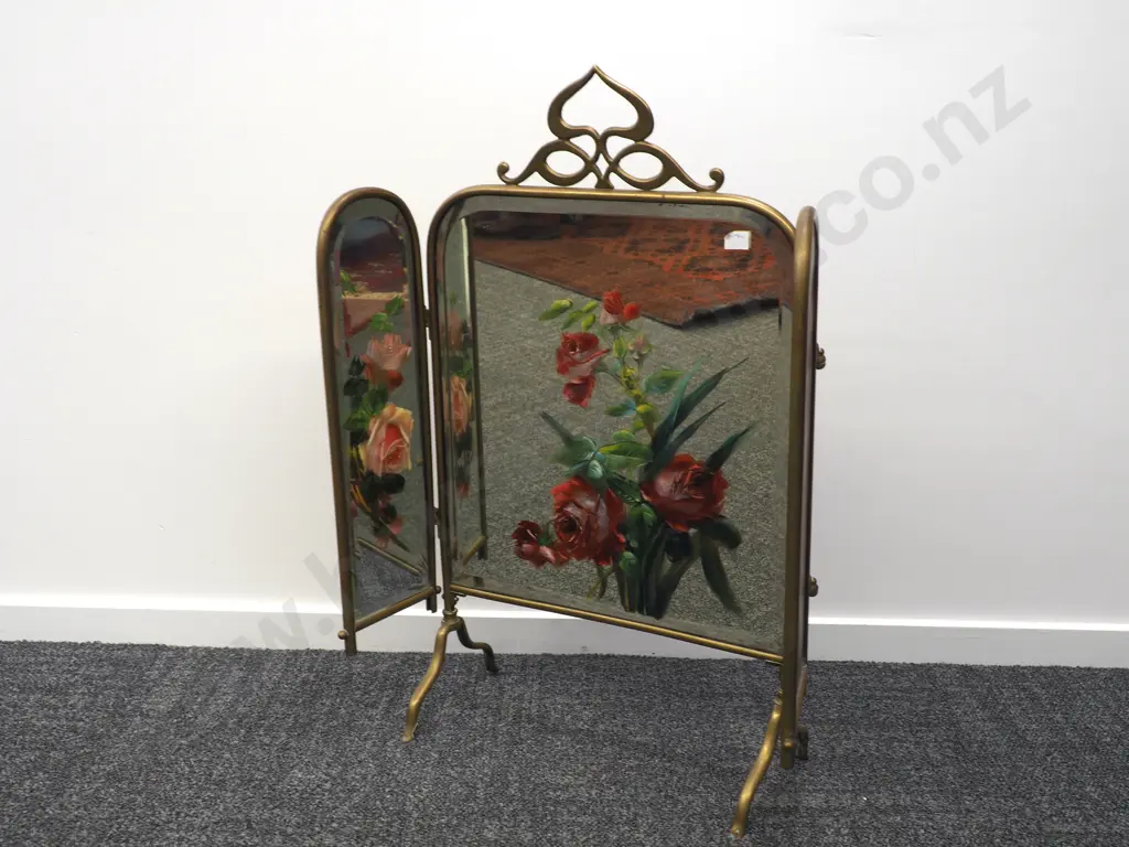 Antique Art Nouveau Brass & Painted Bevelled Mirror Fireplace Fire Screen Image 1++