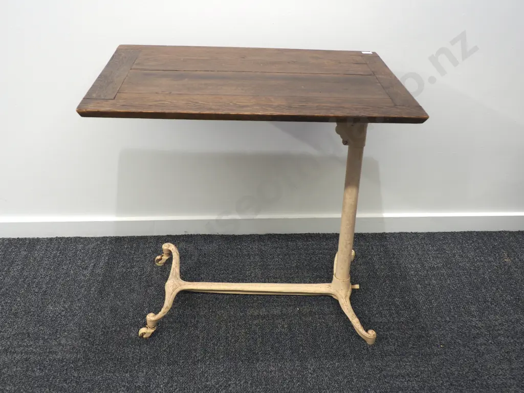 Antique Wooden Bedside Table on Cast Iron Base w Casters Image 1++