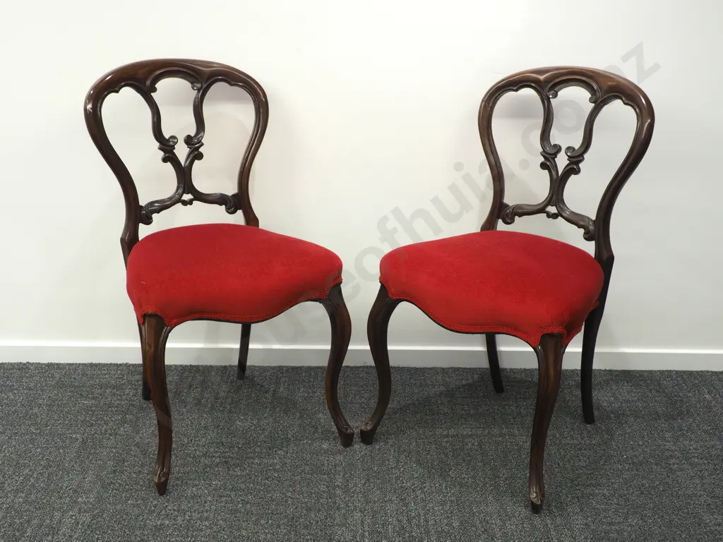 Pair of Antique Balloon Back Red Upholstered Chairs  Image 1++