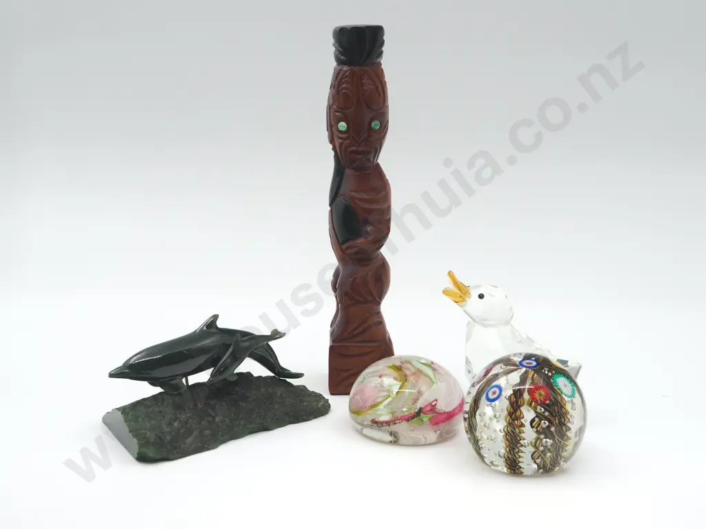 Three Paperweights, Wooden Maori Carving, Jade Dolphins Image 1++