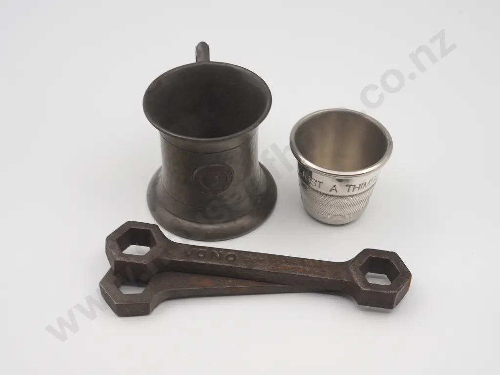 Pewter Cup, Large Thimble & Two Spanners Image 1++